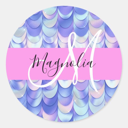 Glam Iridescent Blue Mermaid Scales Name Monogram Runder Aufkleber (Vorderseite)