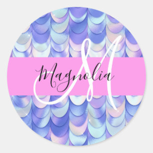 Glam Iridescent Blue Mermaid Scales Name Monogram Runder Aufkleber