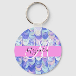 Glam Iridescent Blue Mermaid Scales Name Monogram Schlüsselanhänger