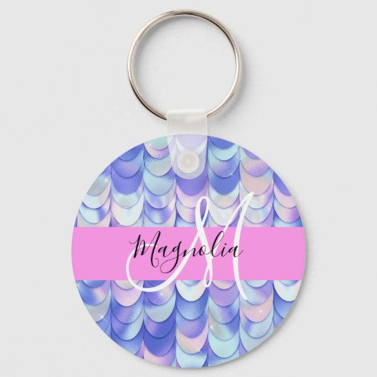 Glam Iridescent Blue Mermaid Scales Name Monogram Schlüsselanhänger (Vorderseite)