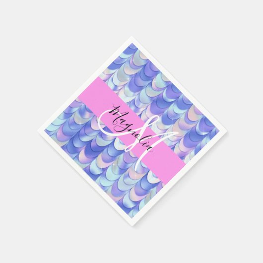 Glam Iridescent Blue Mermaid Scales Name Monogram Serviette (Ecke)