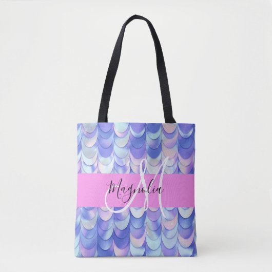 Glam Iridescent Blue Mermaid Scales Name Monogram Tasche (Vorderseite)