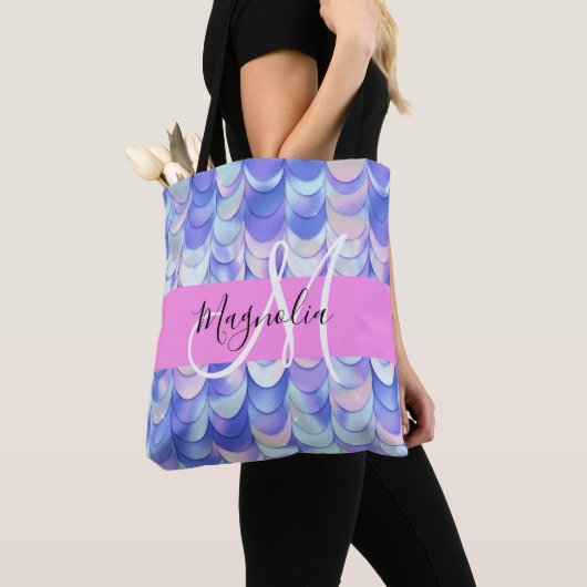 Glam Iridescent Blue Mermaid Scales Name Monogram Tasche (Von Nahem)