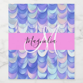 Glam Iridescent Blue Mermaid Scales Name Monogram Weinetikett