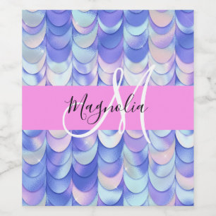 Glam Iridescent Blue Mermaid Scales Name Monogram Weinetikett