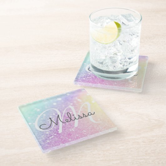 Glam Iridescent Glitzer Personalisiert farbig Glasuntersetzer (Schrägansicht)