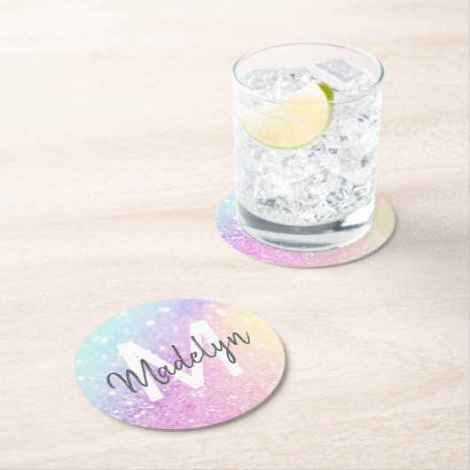Glam Iridescent Glitzer Personalisiert farbig Runder Pappuntersetzer (Vor Ort)