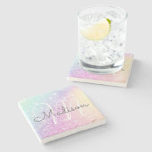 Glam Iridescent Glitzer Personalisiert farbig Steinuntersetzer (Seitenansicht)