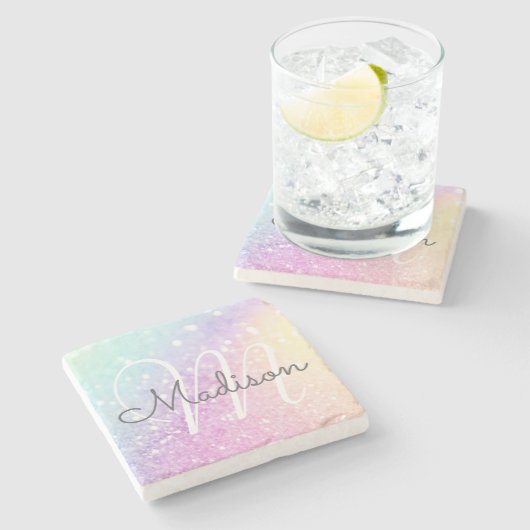 Glam Iridescent Glitzer Personalisiert farbig Steinuntersetzer (Seitenansicht)