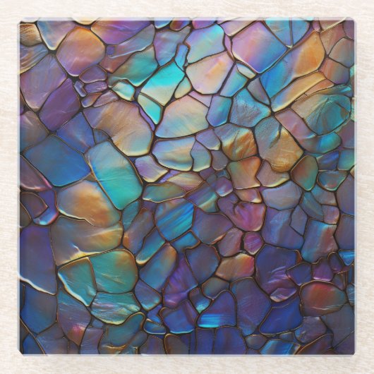 Glam Iridescent Opal Gemstone Hartglas Glasuntersetzer (Vorderseite)