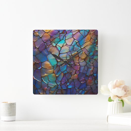 Glam Iridescent Opal Gemstone Hartglas Quadratische Wanduhr (Zuhause)