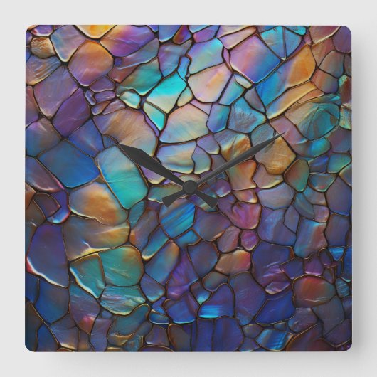 Glam Iridescent Opal Gemstone Hartglas Quadratische Wanduhr (Vorderseite)