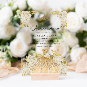 Glam Ivory Gold Dress Floral 15. Quinceañera Acryleinladungen