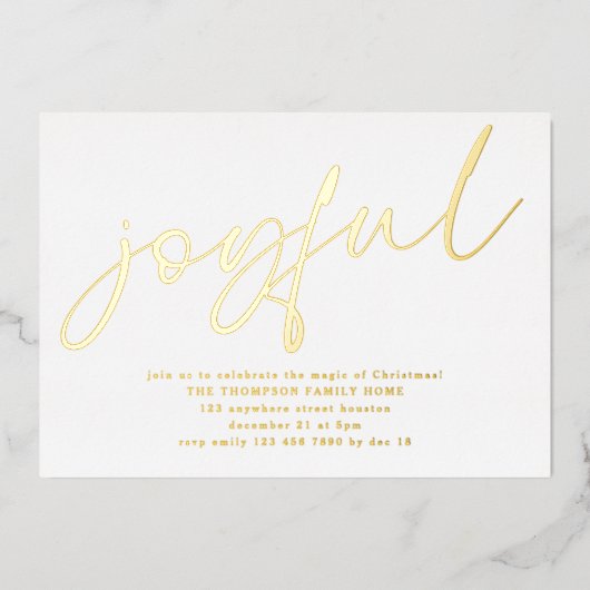 Glam Joyful Script Weihnachts-Party White Real Folieneinladung (Vorderseite)