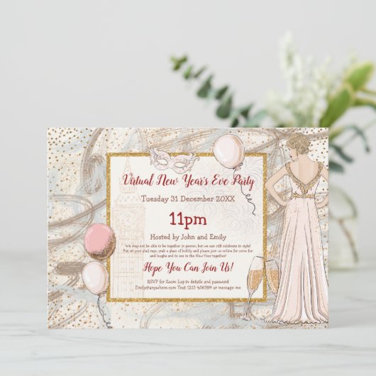 Glam Lady Confetti Funkelnd Virtual New Year Party Einladung (Stehend Vorderseite)