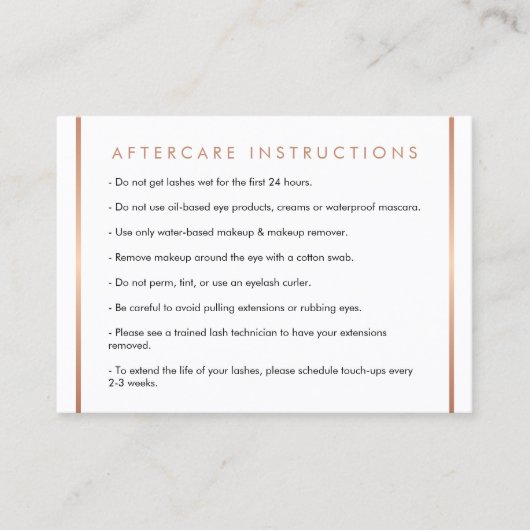 Glam Lashes Script Rose Gold Aftercare Card Visitenkarte (Vorderseite)