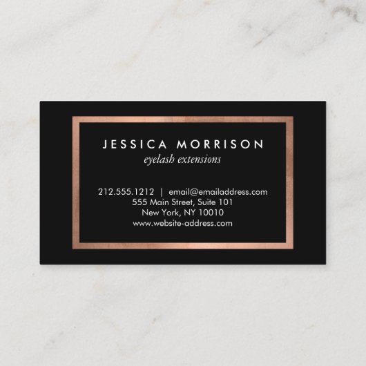 Glam Lashes Script Rose Gold/Schwarz Gerahmt Visitenkarte (Rückseite)