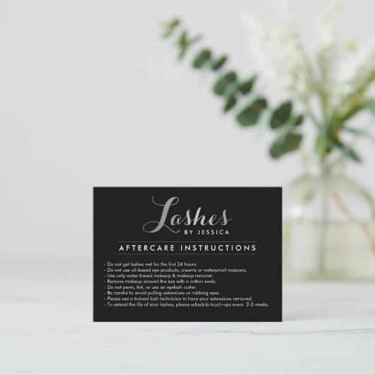 Glam Lashes Script Silver/Black Aftercare Card Visitenkarte (Stehend Vorderseite)