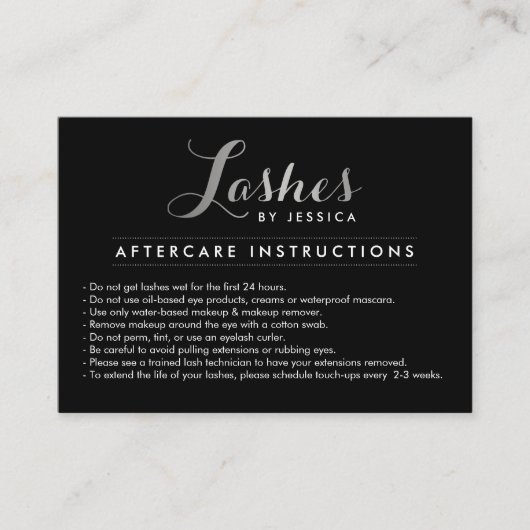 Glam Lashes Script Silver/Black Aftercare Card Visitenkarte (Vorderseite)