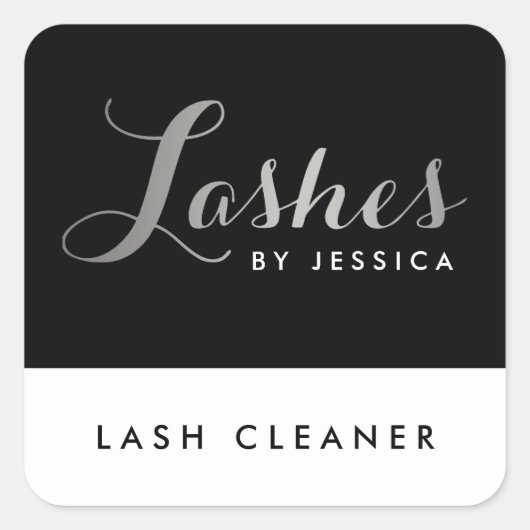 Glam Lashes Script Text Silver/Black Lash Cleaner Quadratischer Aufkleber (Vorderseite)