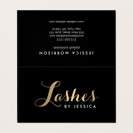 Glam Lashes Skripttext Gold/Schwarz Aftercare Visitenkarten (Außenseite Aufgefaltet)