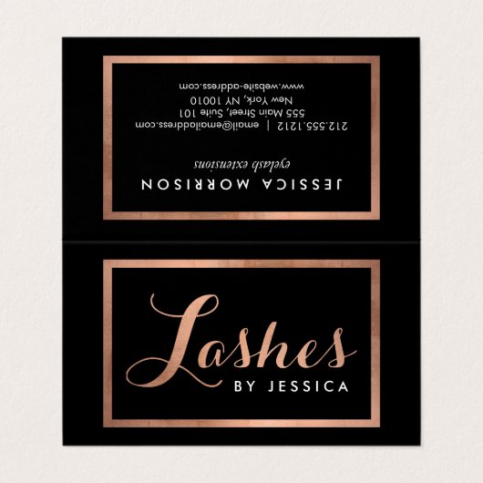 Glam Lashes Skripttext Rose Gold/Black Aftercare Visitenkarten (Außenseite Aufgefaltet)