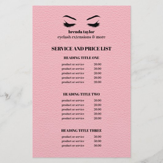 Glam LEATHER rosa EYELASH SALON SERVICE LISTE Flyer (Vorne)