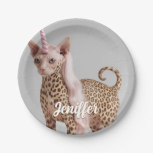 Glam Leopard Einhorn Katze in rosa Fellabsätzen    Pappteller