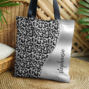 Glam Leopard Flecken Schwarz Silber Metallic Name Tasche