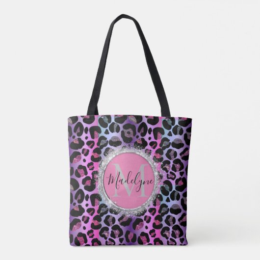 Glam Leopard Pink und Lila Monogramm-Glitzer Tasche (Rückseite)