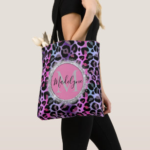 Glam Leopard Pink und Lila Monogramm-Glitzer Tasche