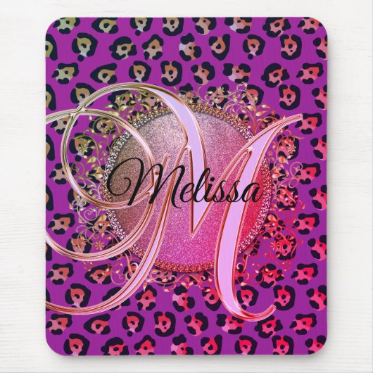 Glam Leopard Pink und Lila Monogramm Mousepad (Vorne)