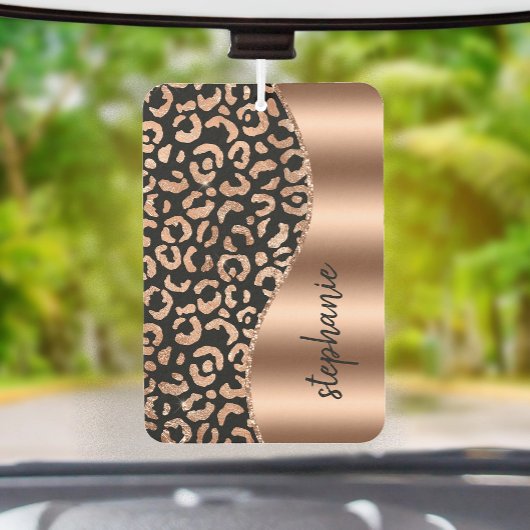 Glam Leopard Spots Rose Gold Black Metallic Name Autolufterfrischer
