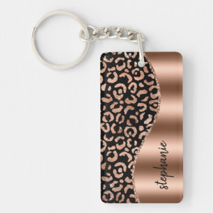 Glam Leopard Spots Rose Gold Black Metallic Name Schlüsselanhänger