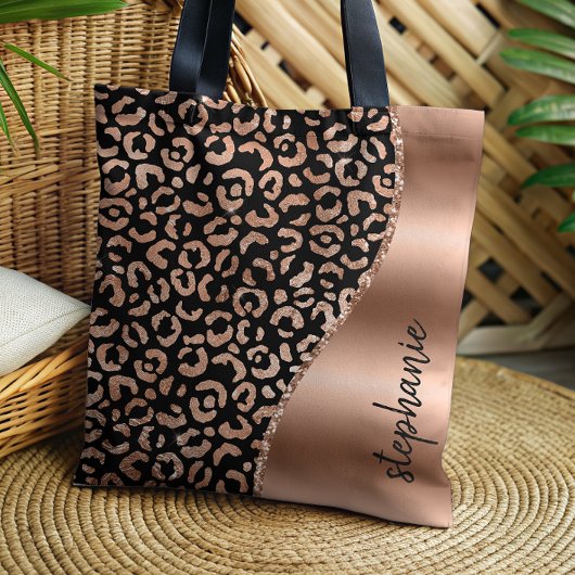 Glam Leopard Spots Rose Gold Black Metallic Name Tasche