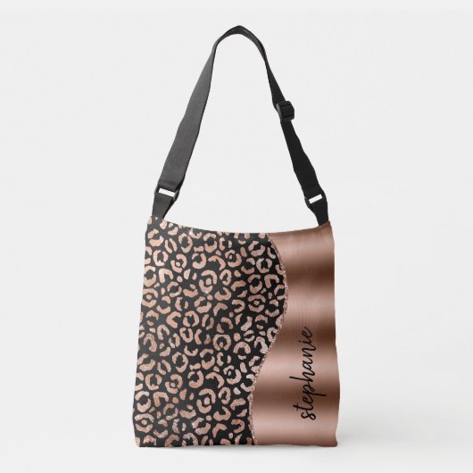 Glam Leopard Spots Rose Gold Black Metallic Name Tragetaschen Mit Langen Trägern (Vorderseite)