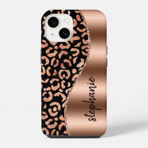 Glam Leopard Spots Rose Gold Schwarz Metallisch Na iPhone 14 Hülle