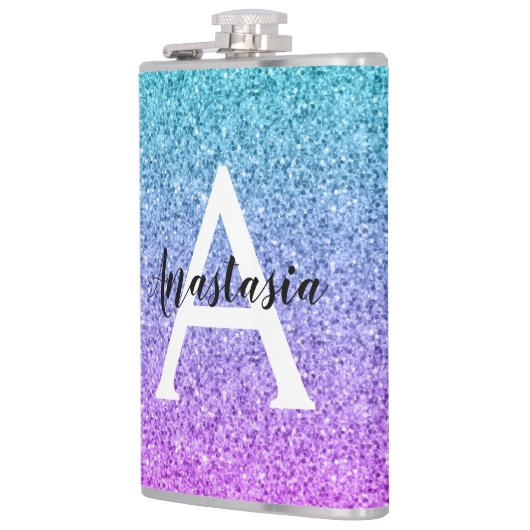 Glam Lila Aqua Glitzer Sparkle Gradient Monogram Flachmann (Links)