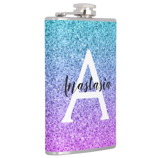 Glam Lila Aqua Glitzer Sparkle Gradient Monogram Flachmann (Rechts)