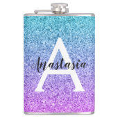 Glam Lila Aqua Glitzer Sparkle Gradient Monogram Flachmann (Vorderseite)