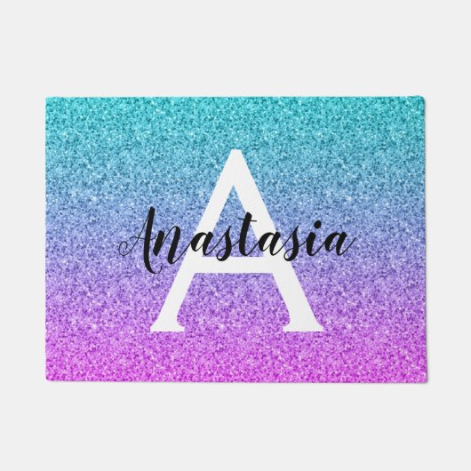 Glam Lila Aqua Glitzer Sparkle Gradient Monogram Fußmatte (Vorderseite)