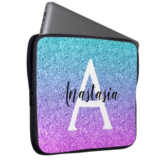 Glam Lila Aqua Glitzer Sparkle Gradient Monogram Laptopschutzhülle (Vorne Rechts)