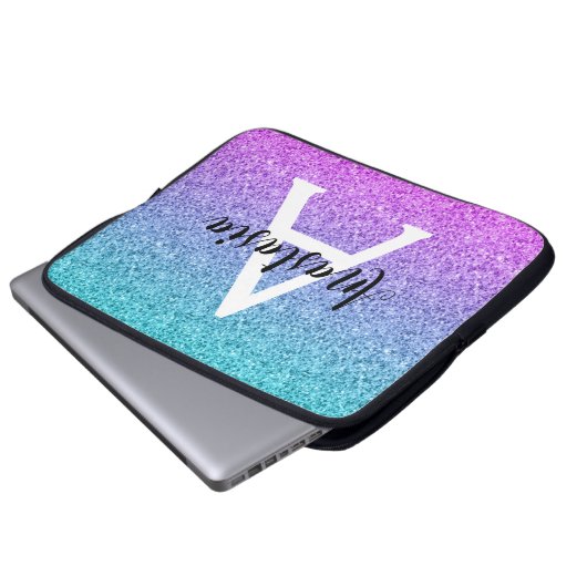 Glam Lila Aqua Glitzer Sparkle Gradient Monogram Laptopschutzhülle (Vorne Knopf)
