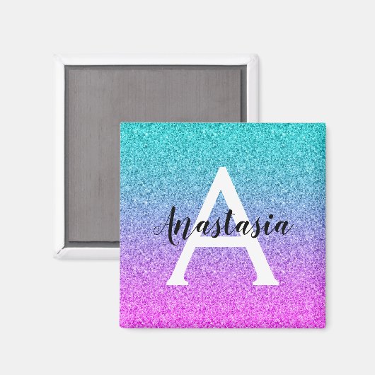 Glam Lila Aqua Glitzer Sparkle Gradient Monogram Magnet (Vorderseite/Rückseite)
