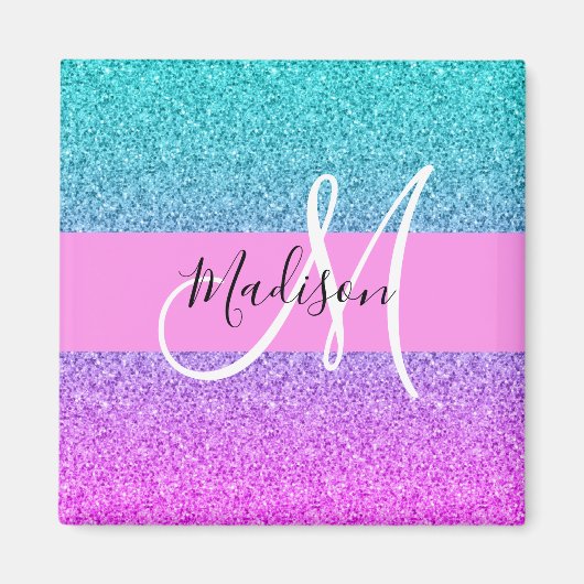 Glam Lila Aqua Glitzer Sparkle Gradient Monogram Magnet (Vorne)