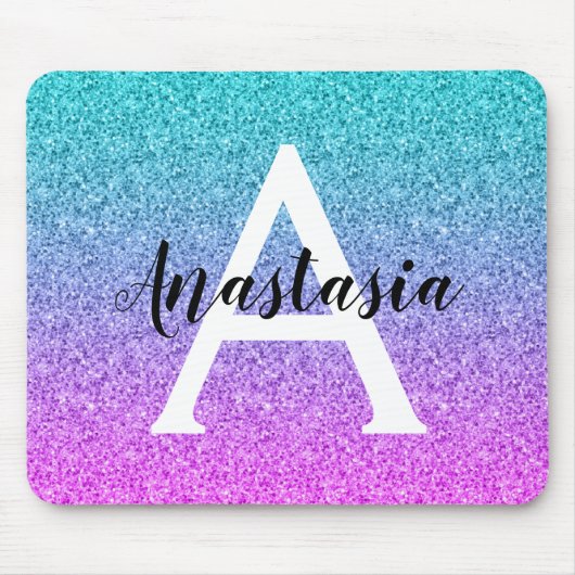 Glam Lila Aqua Glitzer Sparkle Gradient Monogram Mousepad (Vorne)