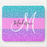 Glam Lila Aqua Glitzer Sparkle Gradient Monogram Mousepad<br><div class="desc">Lila,  lila,  aqua und türkisfarbene Meerjungfrau Glitzern Farbverlauf Monogramm Name und erste Maus-Pad. Individuelle Name und Monogramm sind in einem handgeschriebenen,  eleganten Skript mit rosa Hintergrund geschrieben. Ein perfektes Geburtstag- oder Weihnachtsgeschenk!</div>