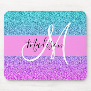 Glam Lila Aqua Glitzer Sparkle Gradient Monogram Mousepad