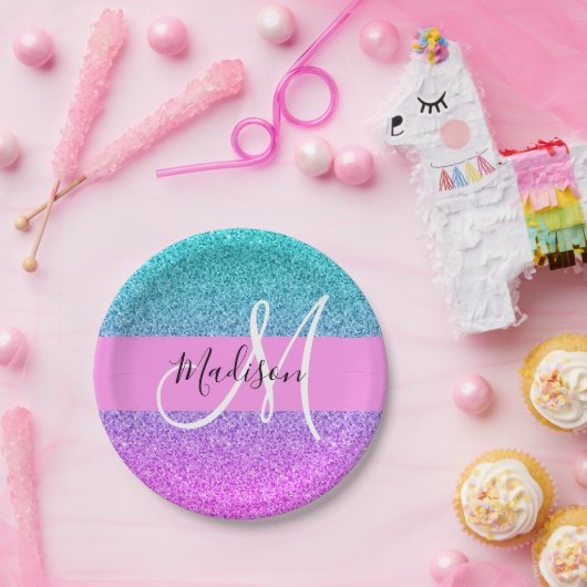 Glam Lila Aqua Glitzer Sparkle Gradient Monogram Pappteller (Party)