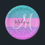 Glam Lila Aqua Glitzer Sparkle Gradient Monogram Pappteller<br><div class="desc">Lila,  glänzende,  lila,  aqua und türkisfarbene Meerjungfrau Glitzern monogramm Name und erste Papierplatte. Individuelle Name und Monogramm sind in einem handgeschriebenen,  eleganten Skript mit rosa Hintergrund geschrieben.</div>